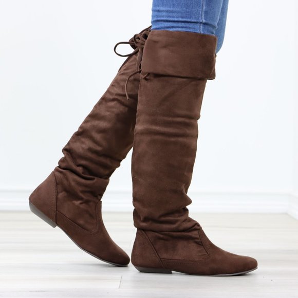 Shoes - Fold Over Brown Thigh High Over The Knee Flat No Heel Boots Faux Suede Pointed